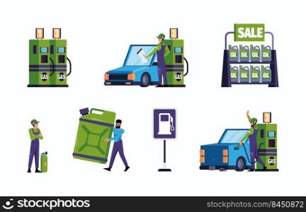 Gas station workers. Refuel service pumps engine petrol station garish vector flat concept illustrations with characters. Illustration of gas station for automobile. Gas station workers. Refuel service pumps engine petrol station garish vector flat concept illustrations with characters