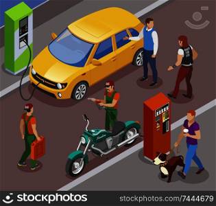 Gas stations refills isometric composition with gasoline filling columns for cars and motorbikes with people characters vector illustration. Street Petrol Station Composition