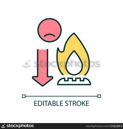 Gas system disadvantages RGB color icon. Kitchen utensil. Burner for heat and cooking. Flammable gas. Isolated vector illustration. Simple filled line drawing. Editable stroke. Arial font used. Gas system disadvantages RGB color icon