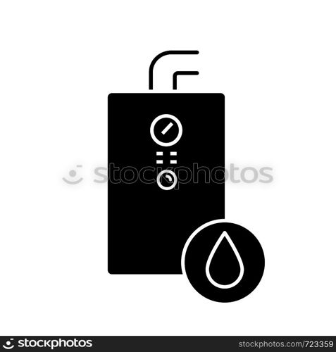 Gas water heater glyph icon. Heating water. Home boiler. Silhouette symbol. Negative space. Vector isolated illustration. Gas water heater glyph icon