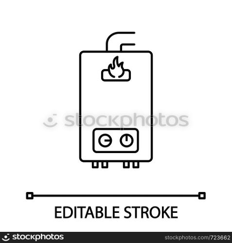 Gas water heater linear icon. Heating water. Thin line illustration. Home boiler. Contour symbol. Vector isolated outline drawing. Editable stroke. Gas water heater linear icon