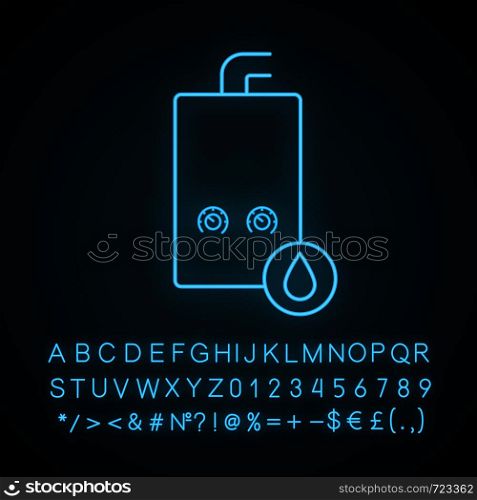 Gas water heater neon light icon. Heating water. Home boiler. Glowing sign with alphabet, numbers and symbols. Vector isolated illustration. Gas water heater neon light icon