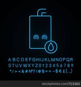 Gas water heater neon light icon. Heating water. Home boiler. Glowing sign with alphabet, numbers and symbols. Vector isolated illustration. Gas water heater neon light icon