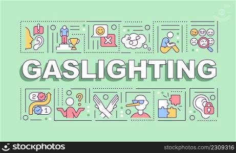 Gaslighting word concepts green banner. Manipulative method. Power tactic. Infographics with icons on color background. Isolated typography. Vector illustration with text. Arial-Black font used. Gaslighting word concepts green banner