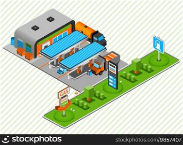 Gasoline and diesel power fuel plastic construction toy station with food shop isometric composition abstract vector illustration. Gas diesel fuel station isometric composition 