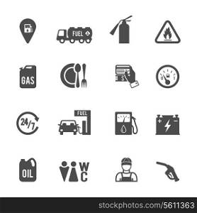 Gasoline diesel fuel pump service station convenience food store and WC icons set abstract isolated vector illustration