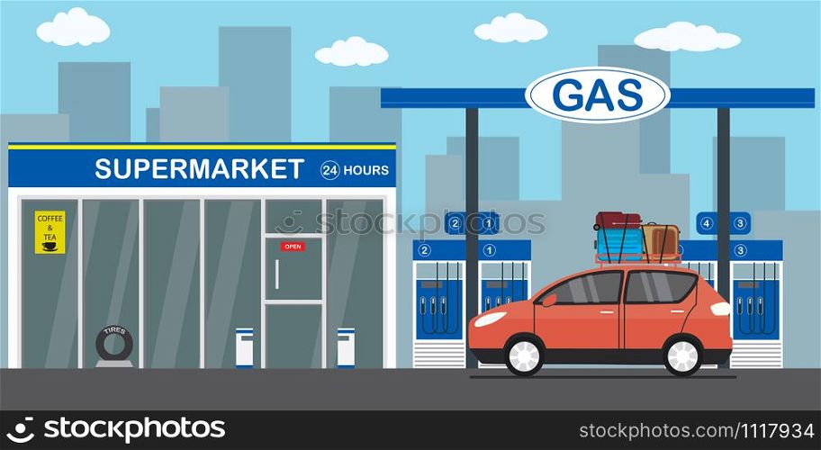 Gasoline fuel station,red car with luggage on the roof,supermarket 24 hours,city on background,flat vector illustration. Gasoline fuel station,red car with luggage on the roof