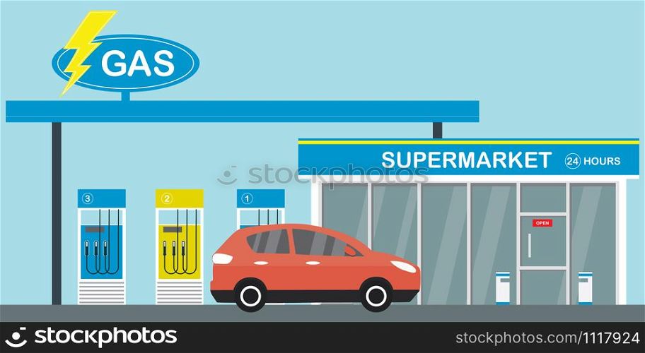 Gasoline fuel station,red modern car on road,supermarket 24 hours,flat vector illustration. Gasoline fuel station,red modern car on road