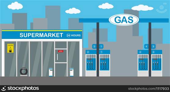 Gasoline fuel station,supermarket 24 hours,city on background,flat vector illustration. Gasoline fuel station,supermarket 24 hours,