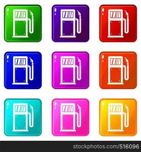 Gasoline pump icons of 9 color set isolated vector illustration. Gasoline pump set 9