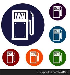Gasoline pump icons set in flat circle reb, blue and green color for web. Gasoline pump icons set