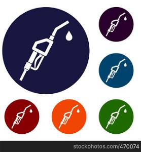 Gasoline pump nozzle icons set in flat circle reb, blue and green color for web. Gasoline pump nozzle icons set