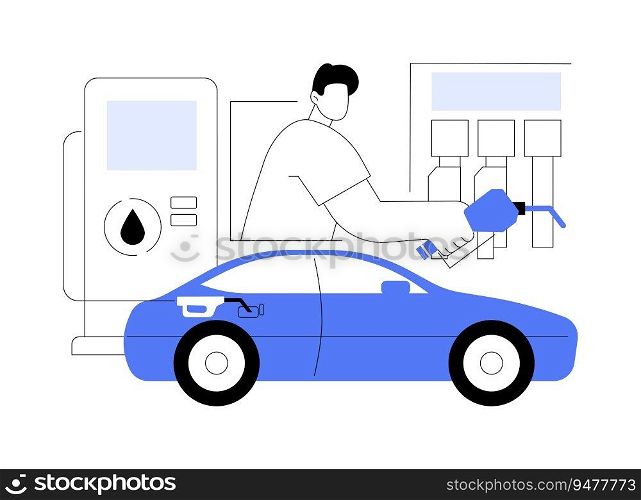 Gasoline retail abstract concept vector illustration. Customers refueling car at gas station, oil and gas industry, fuel station, petroleum products retail, gasoline business abstract metaphor.. Gasoline retail abstract concept vector illustration.