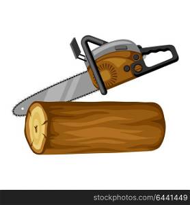Gasoline saw and wood log. Illustration for forestry and lumber industry. Gasoline saw and wood log. Illustration for forestry and lumber industry.