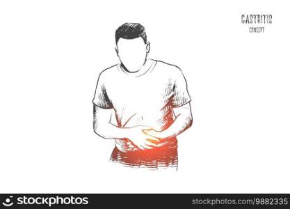 Gastritis concept. Hand drawn man suffering stomach ache. Concept of healthcare and medicine isolated vector illustration.. Gastritis concept. Hand drawn isolated vector.