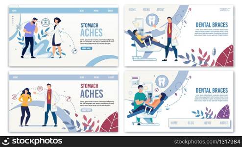 Gastroenterology and Dentistry Online Service Landing Page Set. Cartoon People Suffering from Tooth and Stomach Ache. Diagnosis and Treatment. Medicine and Healthcare. Vector Flat Illustration. Gastroenterology and Dentistry Landing Page Set