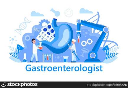 Gastroenterology concept vector. Stomach doctors examine, treat dysbiosis. Tiny gastroenterologist looks through a magnifying glass at harmful bacteria. Gastritis, stomach ulcer illustration. Gastroenterology concept vector. Stomach doctors examine, treat dysbiosis. Tiny gastroenterologist looks through magnifying glass at harmful bacteria. Gastritis, stomach ulcer illustration