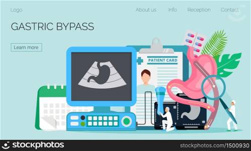 Gastroenterology landing page vector. Gastric bypass medical concept. Tiny doctors make surgery procedure and ultrasound scanning of stomach.The esophagus, duodenum and jejunum are shown.. Gastroenterology landing page vector. Gastric bypass medical concept.