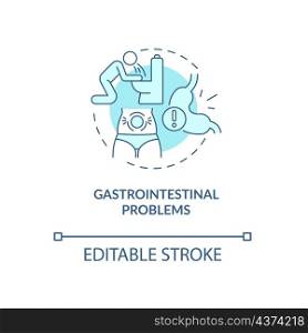 Gastrointestinal problems turquoise concept icon. Stomach disease. Poisoning abstract idea thin line illustration. Isolated outline drawing. Editable stroke. Roboto-Medium, Myriad Pro-Bold fonts used. Gastrointestinal problems turquoise concept icon