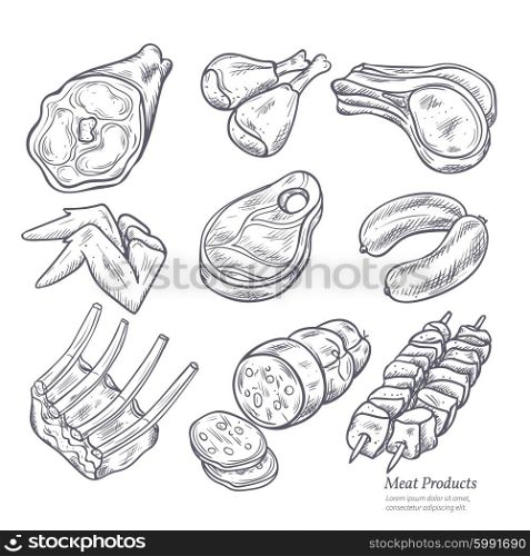 Gastronomic Meat Products Sketches. Gastronomic meat products sketches set in retro style on white background vector isolated illustration