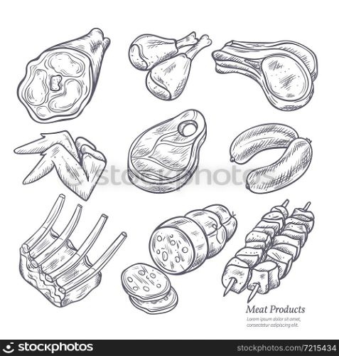 Gastronomic meat products sketches set in retro style on white background vector isolated illustration. Gastronomic Meat Products Sketches