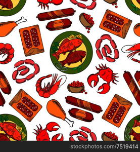 Gastronomy seamless background. Wallpaper with vector pattern of sausages, seafood, crab, lobster, caviar, chicken leg. Gastronomy seamless wallpaper background