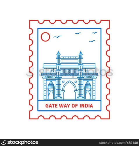GATE WAY OF INDIA postage stamp Blue and red Line Style, vector illustration