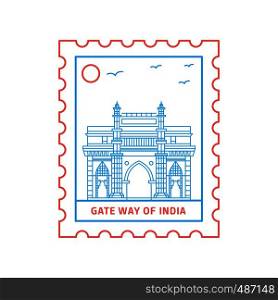 GATE WAY OF INDIA postage stamp Blue and red Line Style, vector illustration