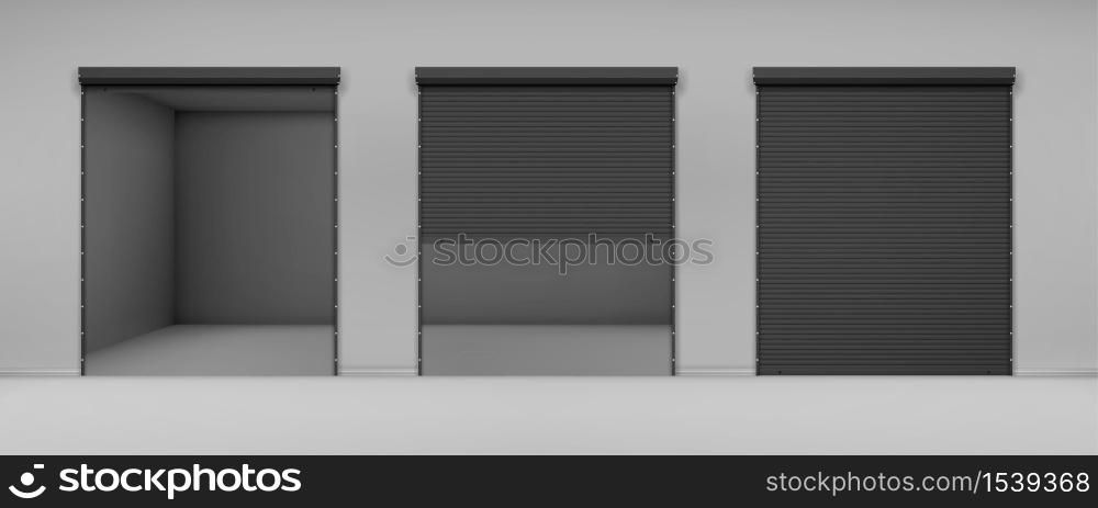 Gate with black rolling shutter in gray wall. Vector realistic illustration of hallway in garage or warehouse with closed and open roller up blinds. Building facade with automatic doors. Gate with black rolling shutter in gray wall