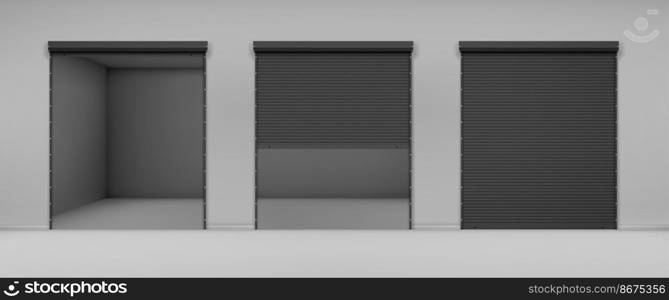 Gate with black rolling shutter in gray wall. Vector realistic illustration of hallway in garage or warehouse with closed and open roller up blinds. Building facade with automatic doors. Gate with black rolling shutter in gray wall