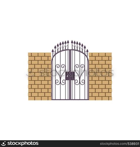 Gate with brick wall and a metal lattice icon in cartoon style on a white background. Gate with brick wall and a metal lattice icon