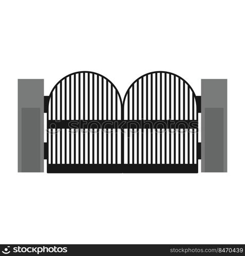 Gate with iron fence door and metal cartoon manor decoration. Front entrance from ironwork grid vector illustration. Old lattice wrought and classic frame ornament for park. Security steel structure