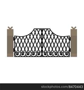 Gate with iron fence door and metal cartoon manor decoration. Front entrance from ironwork grid vector illustration. Old lattice wrought and classic frame ornament for park. Security steel structure