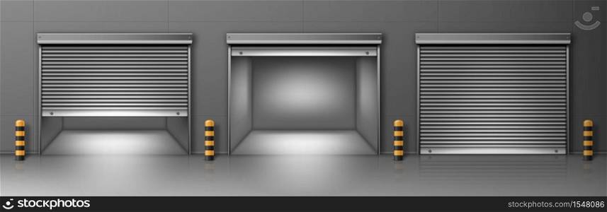 Gate with metal rolling shutter in gray wall. Vector realistic illustration of hallway in commercial garage or warehouse with closed and open roller up blinds. Building facade with automatic doors. Gate with rolling shutter in garage