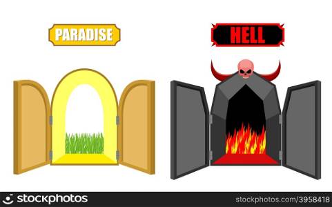 Gates of hell and paradise. Entrance to Satan and God. Scary black door in purgatory. Beautiful bright open door in Paradise gardens. Vector illustration of a religion. Choice after death of Christian.