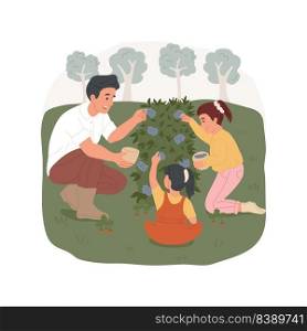 Gather wild berries isolated cartoon vector illustration. Parents and kids walking in the forest, gathering berries on glade, c&ing activity, picking from bush, holding bucket vector cartoon.. Gather wild berries isolated cartoon vector illustration.
