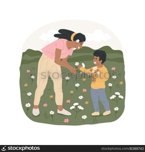 Gather wildflowers isolated cartoon vector illustration. Walking in the fields, mom and kid gathering flowers, children making bouquet, family travel, leisure time in the nature vector cartoon.. Gather wildflowers isolated cartoon vector illustration.