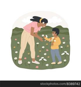 Gather wildflowers isolated cartoon vector illustration. Walking in the fields, mom and kid gathering flowers, children making bouquet, family travel, leisure time in the nature vector cartoon.. Gather wildflowers isolated cartoon vector illustration.