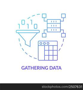 Gathering data blue gradient concept icon. Artificial intelligence. Problem solving step in machine learning abstract idea thin line illustration. Isolated outline drawing. Myriad Pro-Bold font used. Gathering data blue gradient concept icon