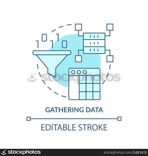 Gathering data turquoise concept icon. Problem solving step in machine learning abstract idea thin line illustration. Isolated outline drawing. Editable stroke. Arial, Myriad Pro-Bold fonts used. Gathering data turquoise concept icon