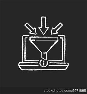 Gathering information chalk white icons set on black background. Creative thinking idea. Careful sorting of information. Ability not to believe everything. Isolated vector chalkboard illustration. Gathering information chalk white icons set on black background