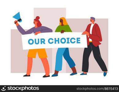 Gathering of activists on rally, isolated people with placards and megaphones shouting and protesting. Male and female on strike or picket, demonstration and manifestation. Vector in flat style. Demonstration or gathering of activists meeting
