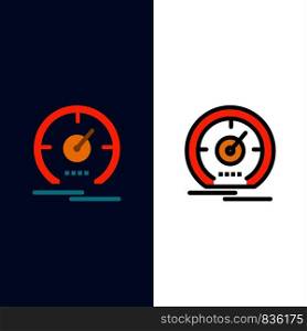 Gauge, Dashboard, Meter, Speed, Speedometer Icons. Flat and Line Filled Icon Set Vector Blue Background