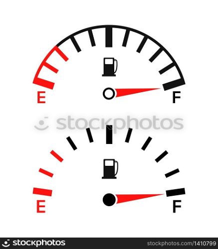 Gauge of fuel. Guage of gas, gasoline. Full or empty tank of petrol or diesel in car. Indicators on dashboard in auto. Dial of measurement, level, control power. Efficiency of pump equipment. Vector.. Gauge of fuel. Guage of gas, gasoline. Full or empty tank of petrol or diesel in car. Indicators on dashboard in auto. Dial of measurement, level, control power. Efficiency of pump equipment. Vector
