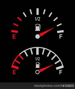 Gauge of fuel. Guage of gas or petrol. Full or empty tank of gasoline or diesel in car. Indicators with arrow on dashboard in truck. Panel of measurement power. Automobile and drive background. Vector. Gauge of fuel. Guage of gas, petrol. Full or empty tank of gasoline or diesel in car. Indicators with arrow on dashboard in truck. Panel of measurement power. Automobile and drive background. Vector.