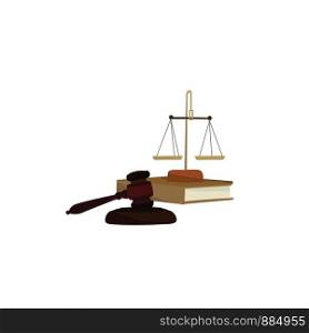 Gavel and scales on a book, illustration, vector on white background.