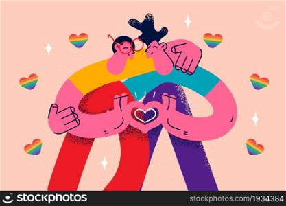 Gay and bisexual couple concept. Two young men cartoon characters standing hugging forming heart from fingers feeling in love vector illustration . Gay and bisexual couple concep