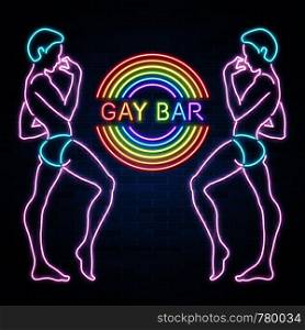 Gay bar neon banner, sexy guy figure, man silhouette, nightclub, rainbow, vector illustration