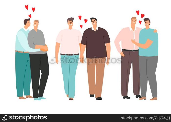 Gay cartoon couples love and hug isolated. Couple people character, homosexual relationship, vector illustration. Gay cartoon couples love and hug isolated
