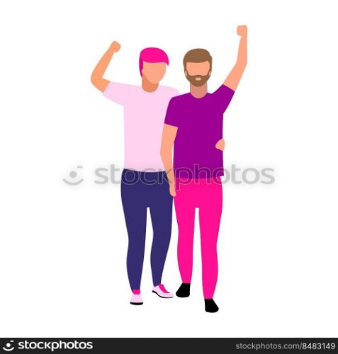 Gay couple at pride parade semi flat color vector characters. Posing figures. Full body people on white. Free love simple cartoon style illustration for web graphic design and animation. Gay couple at pride parade semi flat color vector characters